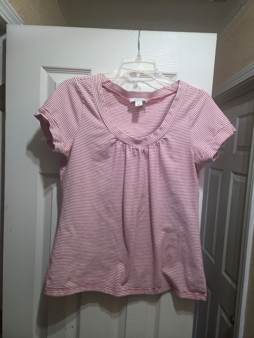 LOFT Red & White Striped Short Sleeve Scoop Neck Tee